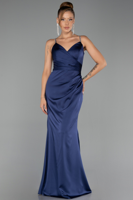 Long Navy Blue Satin Prom Gown ABU6499