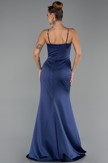 Long Navy Blue Satin Prom Gown ABU6499