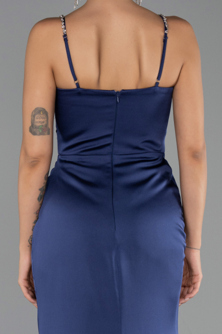 Long Navy Blue Satin Prom Gown ABU6499