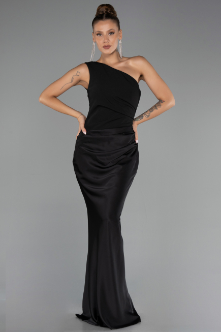 Long Black Satin Prom Gown ABU6331