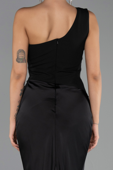 Long Black Satin Prom Gown ABU6331