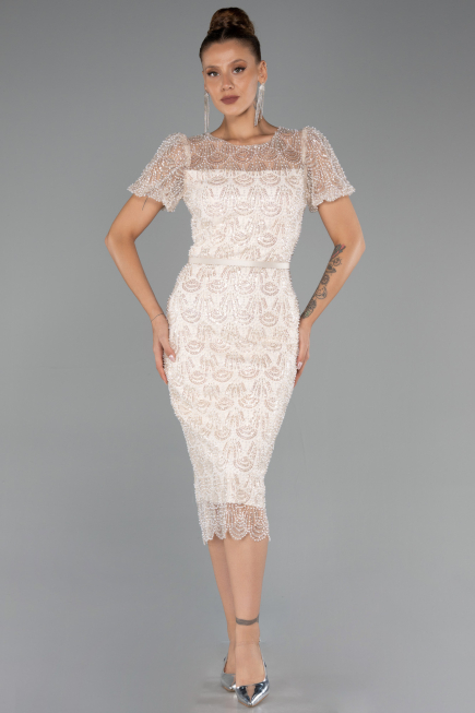Midi Beige Beaded Party Dress ABK2412