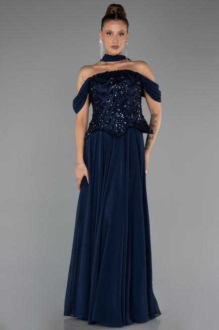 Long Navy Blue Chiffon Plus Size Evening Dress ABU6535