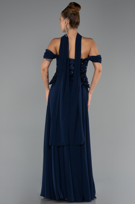 Long Navy Blue Chiffon Plus Size Evening Dress ABU6535