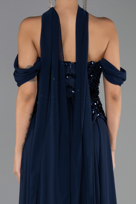Long Navy Blue Chiffon Plus Size Evening Dress ABU6535