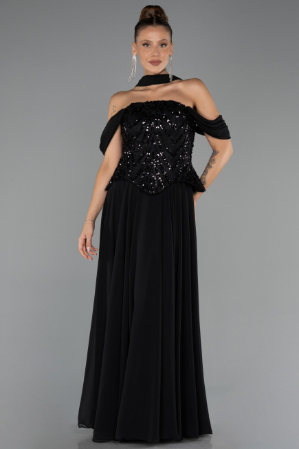 Long Black Chiffon Plus Size Evening Dress ABU6535