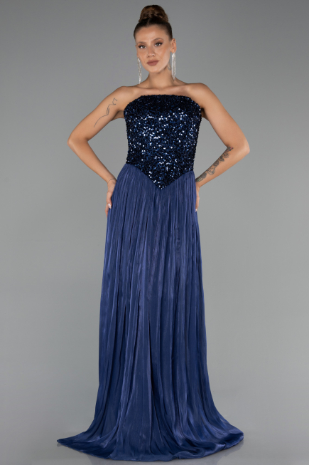 Long Navy Blue Chiffon Evening Dress ABU6533