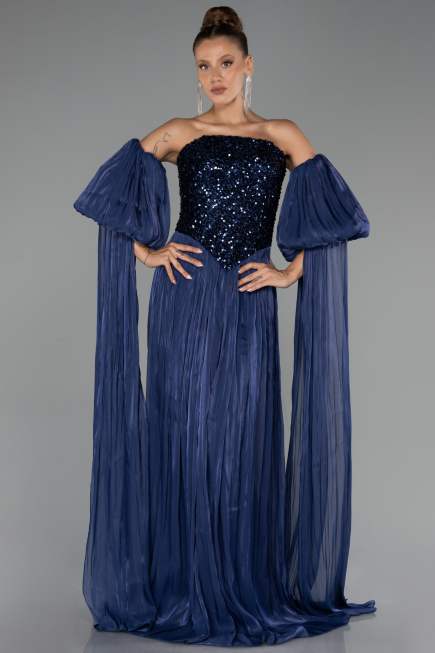 Long Navy Blue Chiffon Evening Dress ABU6533