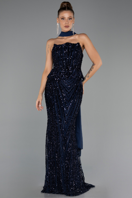 Long Navy Blue Scaly Evening Dress ABU6534