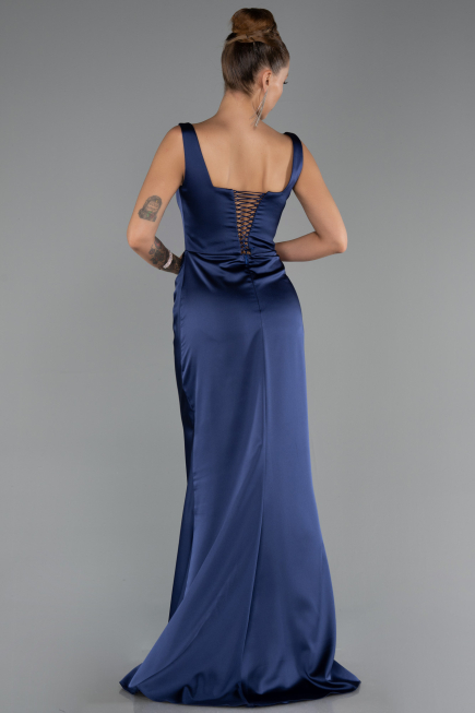 Long Navy Blue Satin Formal Plus Size Dress ABU6543
