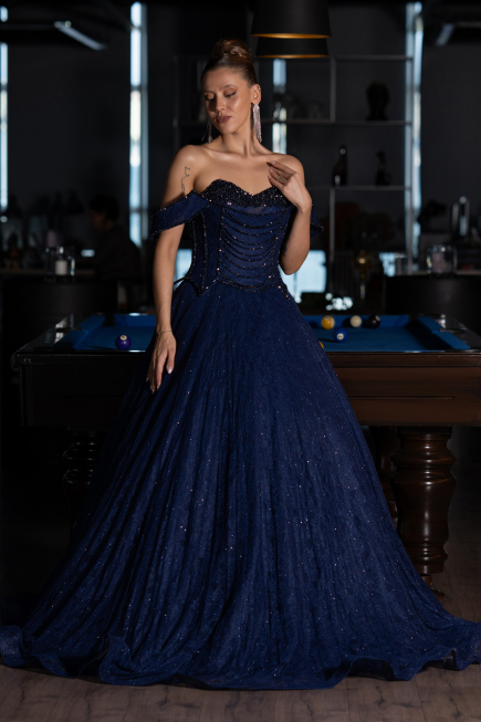 Long Navy Blue Dantelle Evening Dress ABU6536
