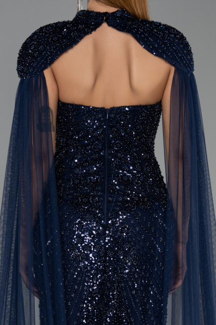 Long Navy Blue Beaded Evening Dress ABU6544