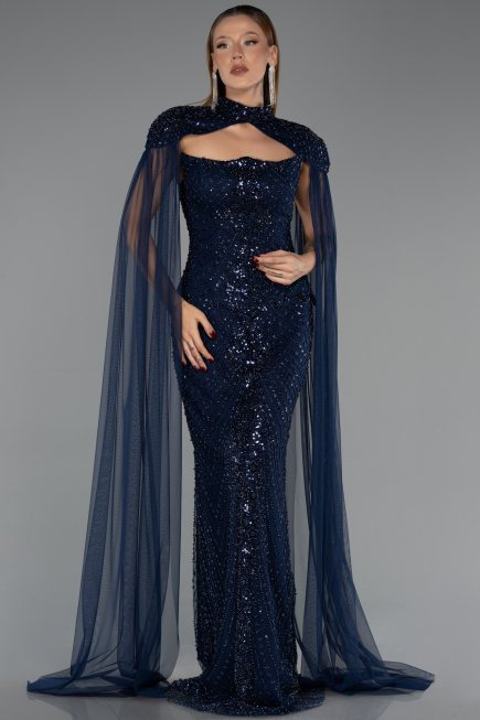 Long Navy Blue Beaded Evening Dress ABU6544