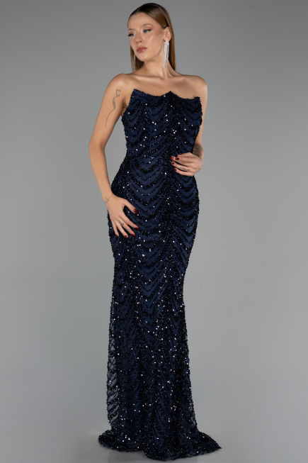 Long Navy Blue Scaly Evening Dress ABU6298