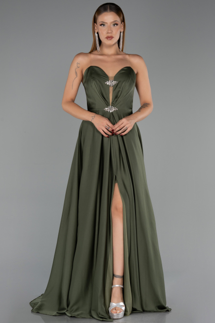 Long Olive Drab Satin Evening Dress ABU6553