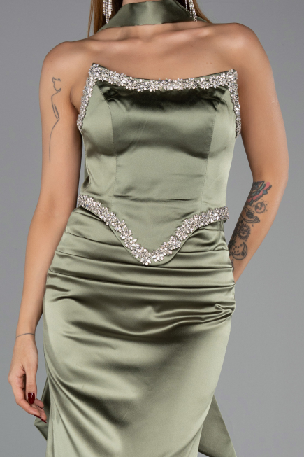 Long Olive Drab Satin Evening Dress ABU6554