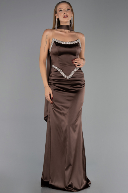 Long Brown Satin Evening Dress ABU6554