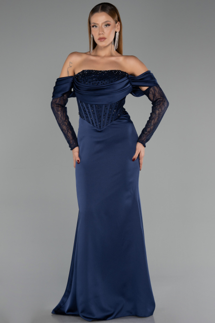 Long Navy Blue Satin Evening Dress ABU6555