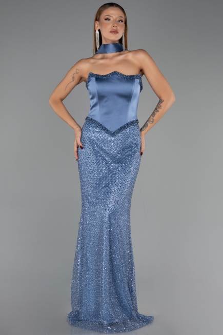 Long Indigo Beaded Plus Size Evening Dress ABU6258