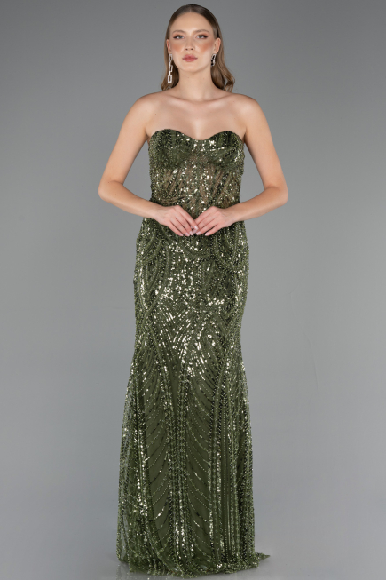 Long Olive Drab Beaded Evening Dress ABU6564