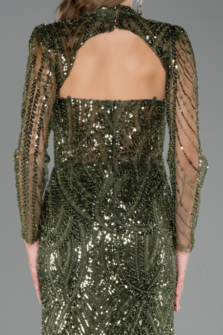 Long Olive Drab Beaded Evening Dress ABU6564