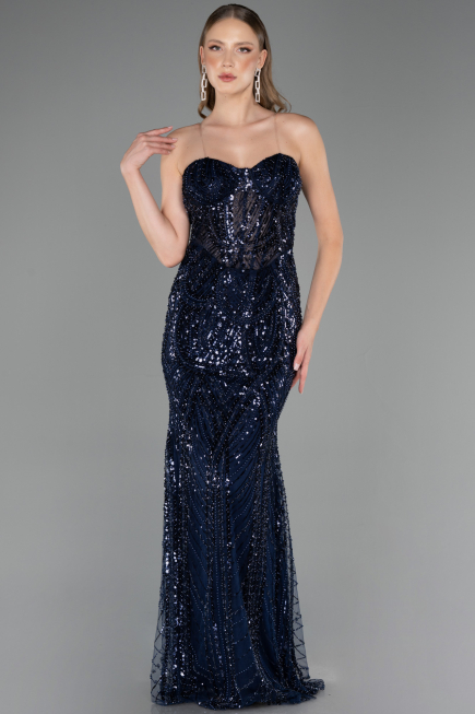 Long Navy Blue Beaded Evening Dress ABU6564