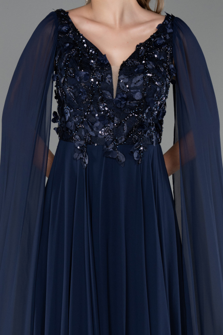 Long Navy Blue Chiffon Evening Dress ABU6566