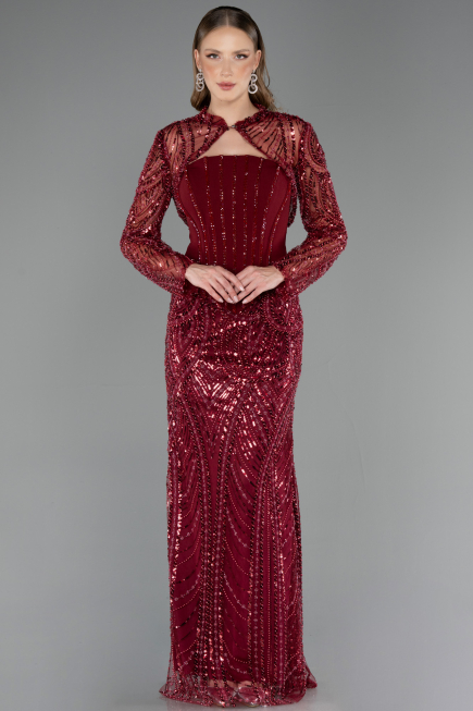 Long Burgundy Beaded Evening Dress ABU6567