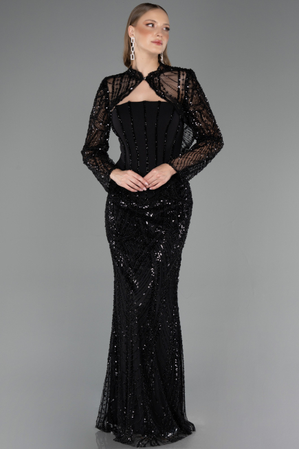 Long Black Beaded Evening Dress ABU6567
