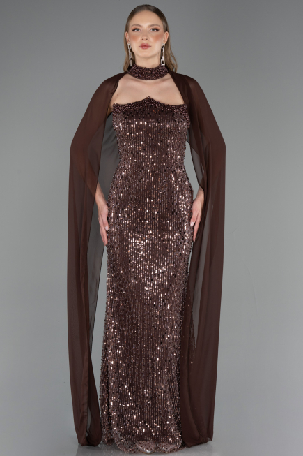 Long Brown Beaded Evening Dress ABU6569