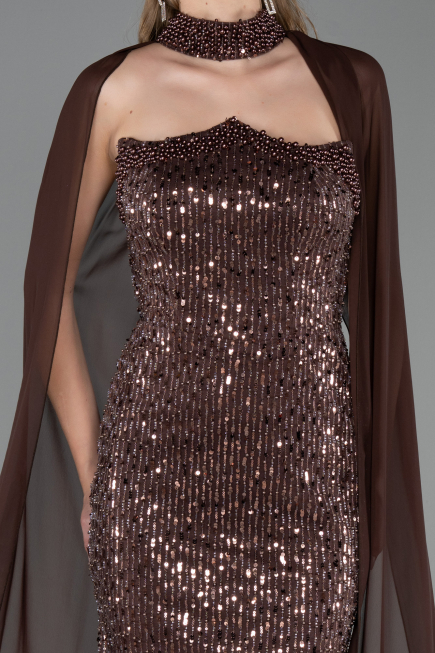 Long Brown Beaded Evening Dress ABU6569