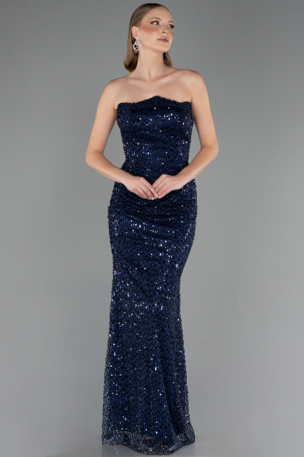 Long Navy Blue Beaded Evening Dress ABU6569