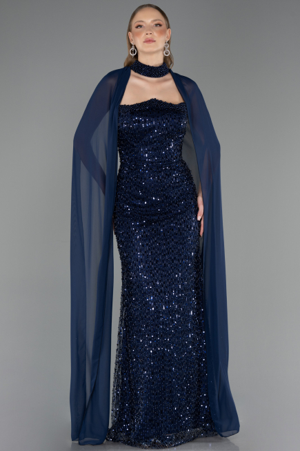 Long Navy Blue Beaded Evening Dress ABU6569