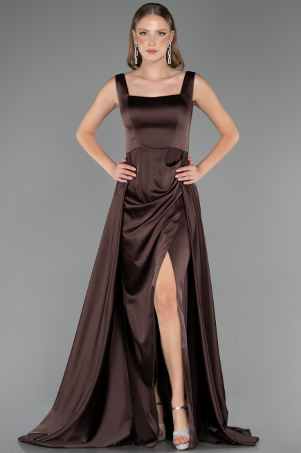 Long Brown Satin Formal Plus Size Dress ABU6576