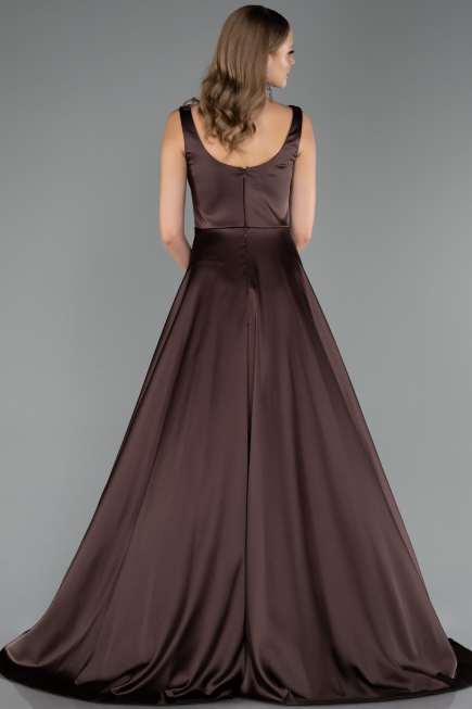 Long Brown Satin Formal Plus Size Dress ABU6576