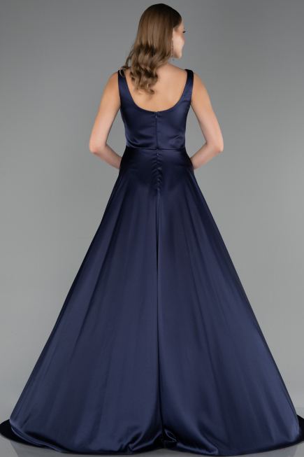 Long Navy Blue Satin Formal Plus Size Dress ABU6576