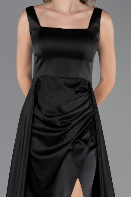 Long Black Satin Prom Gown ABU6572