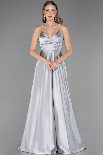 Long Grey Satin Prom Gown ABU6573