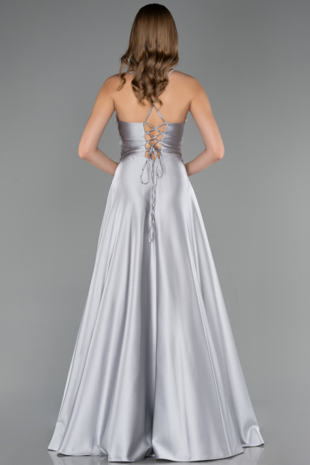Long Grey Satin Prom Gown ABU6573
