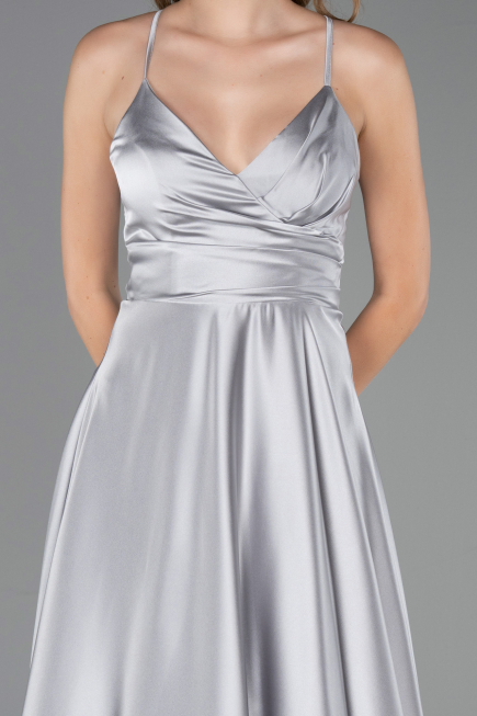 Long Grey Satin Prom Gown ABU6573