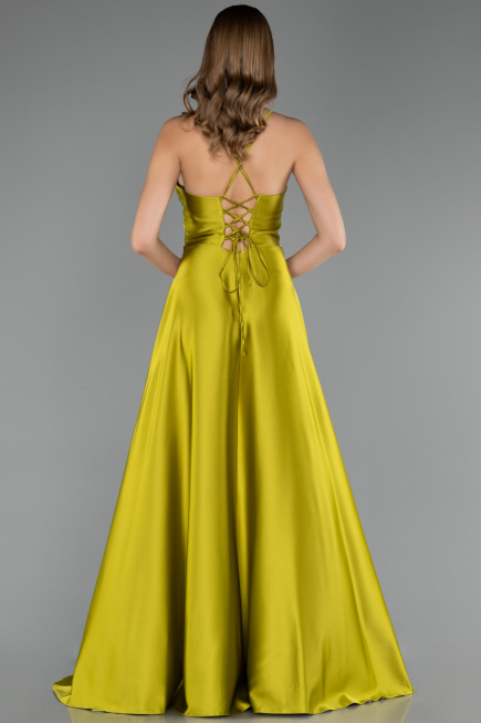 Long Oil Green Satin Prom Gown ABU6573