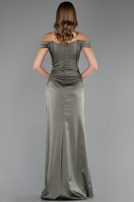 Long Olive Drab Satin Plus Size Evening Gown ABU6577