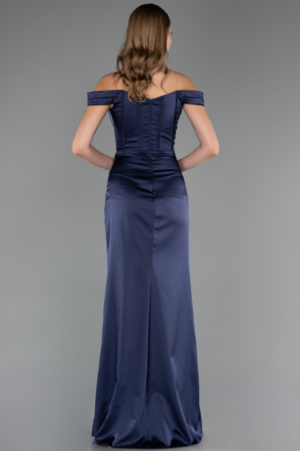 Long Navy Blue Satin Plus Size Evening Gown ABU6577