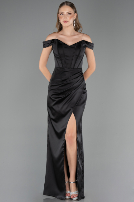 Long Black Satin Plus Size Evening Gown ABU6577