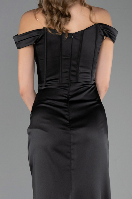 Long Black Satin Plus Size Evening Gown ABU6577