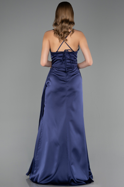 Long Navy Blue Satin Prom Gown ABU6584