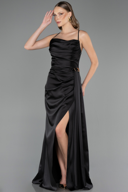 Long Black Satin Prom Gown ABU6584