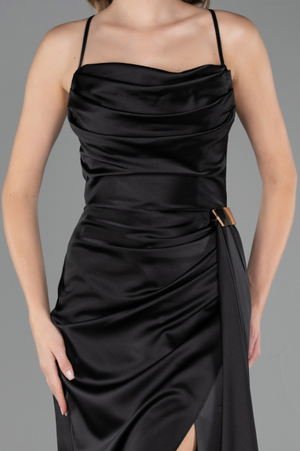 Long Black Satin Prom Gown ABU6584
