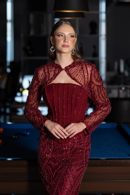 Long Burgundy Beaded Evening Dress ABU6567