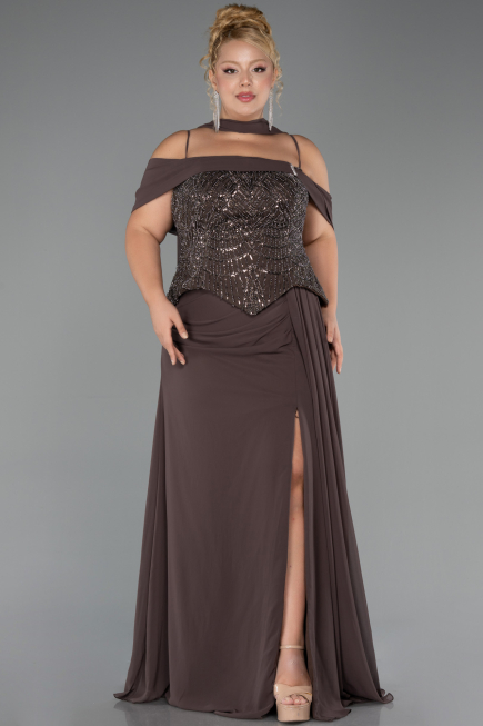 Long Brown Chiffon Plus Size Evening Dress ABU6274